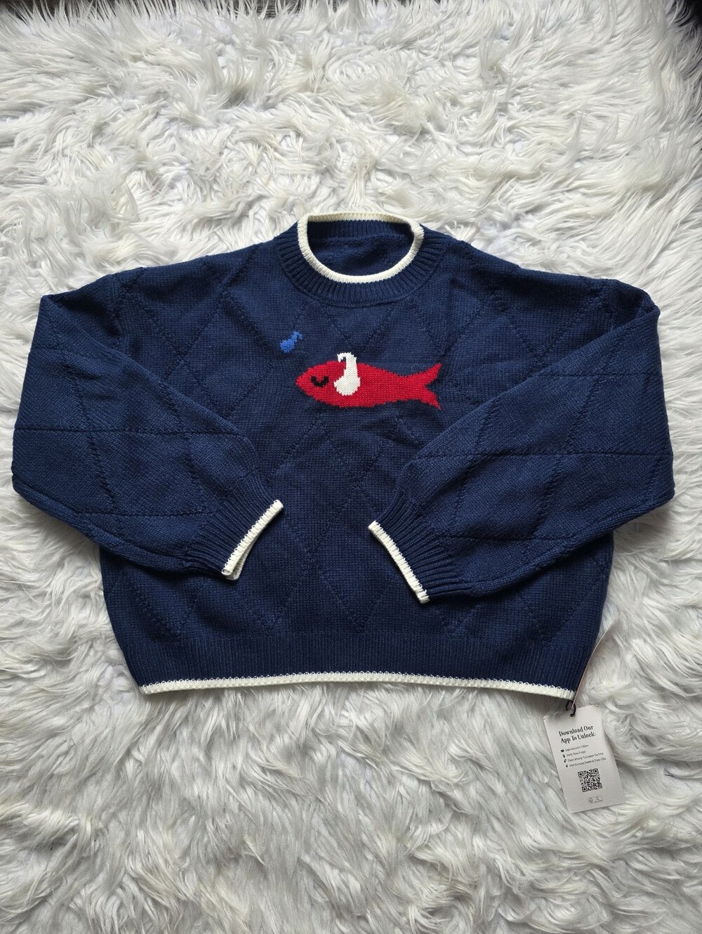 Cider Navy Sweater with Red Fish Motif and Cream Trim
